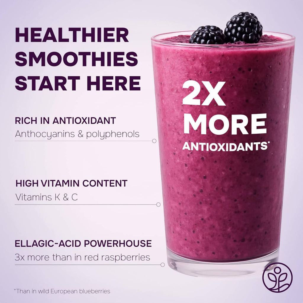 Black raspberry powder smoothie in a tall glass with fresh berries on top