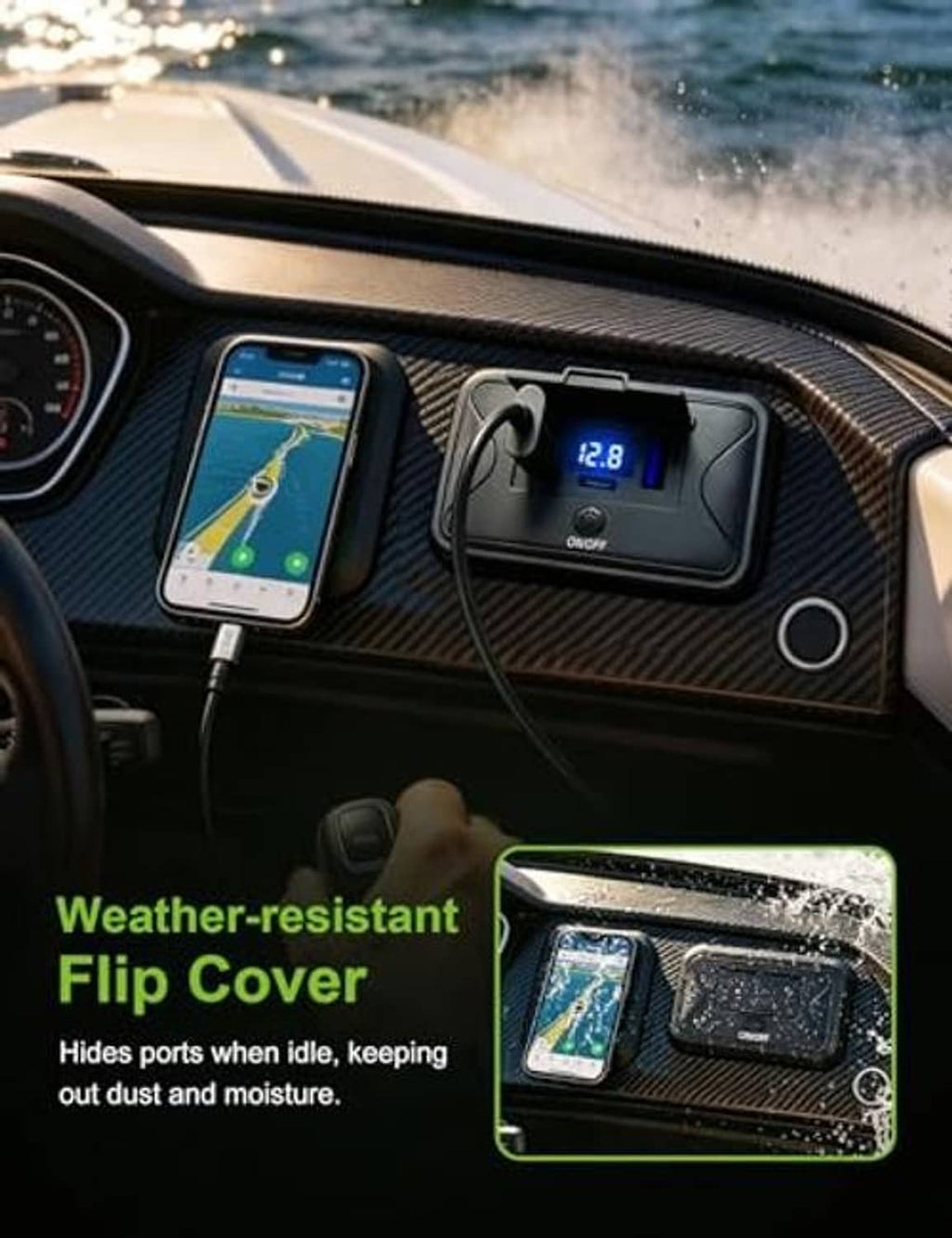 Black 12V USB outlet with blue voltage display and cable charging ports in car