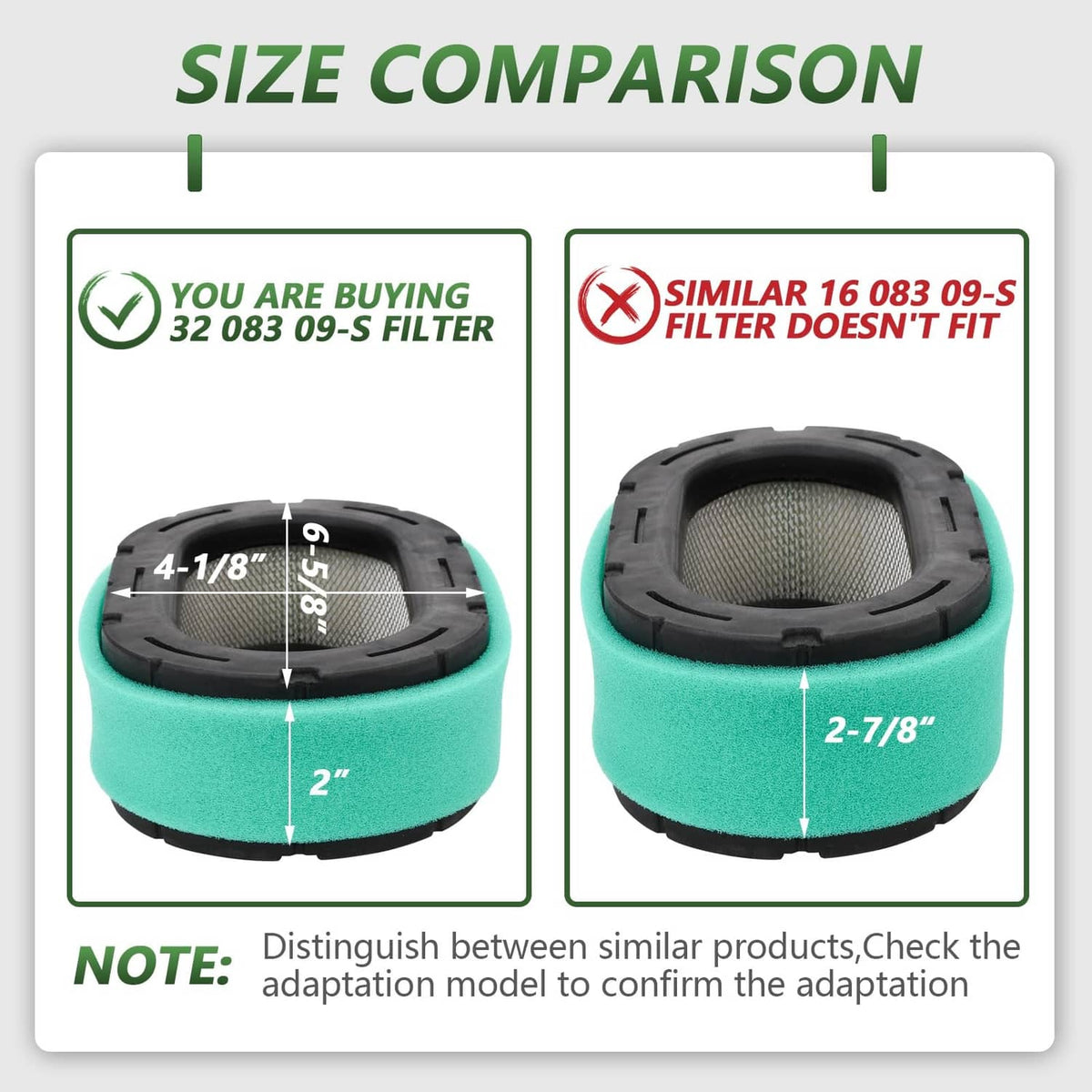 Engine air filter with teal foam and black rubber frame, shown with size comparison
