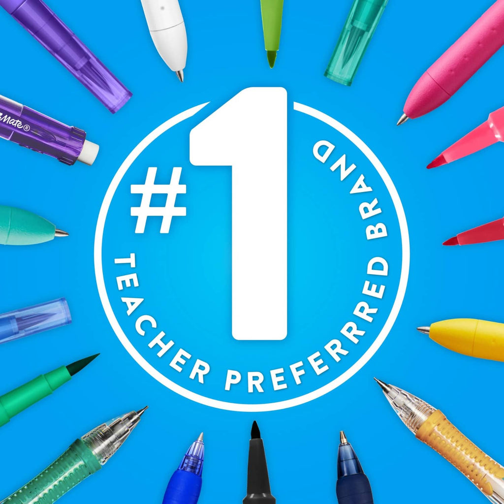 Multiple Paper Mate Flair felt tip pens surrounding a badge with pens shown