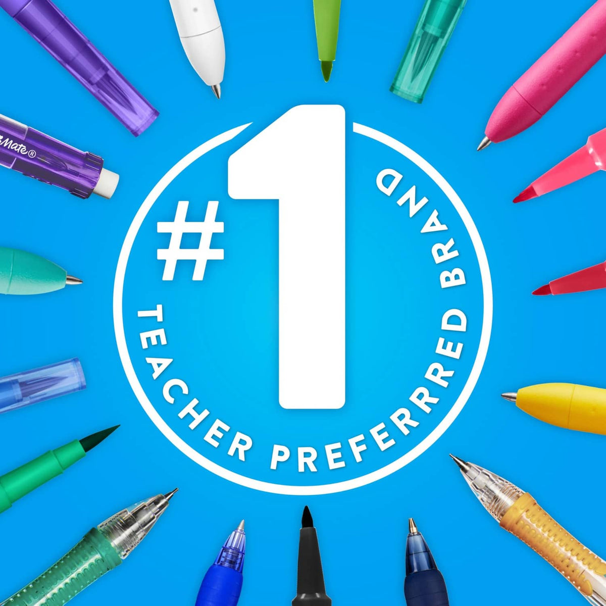 Multiple Paper Mate Flair felt tip pens surrounding a badge with pens shown