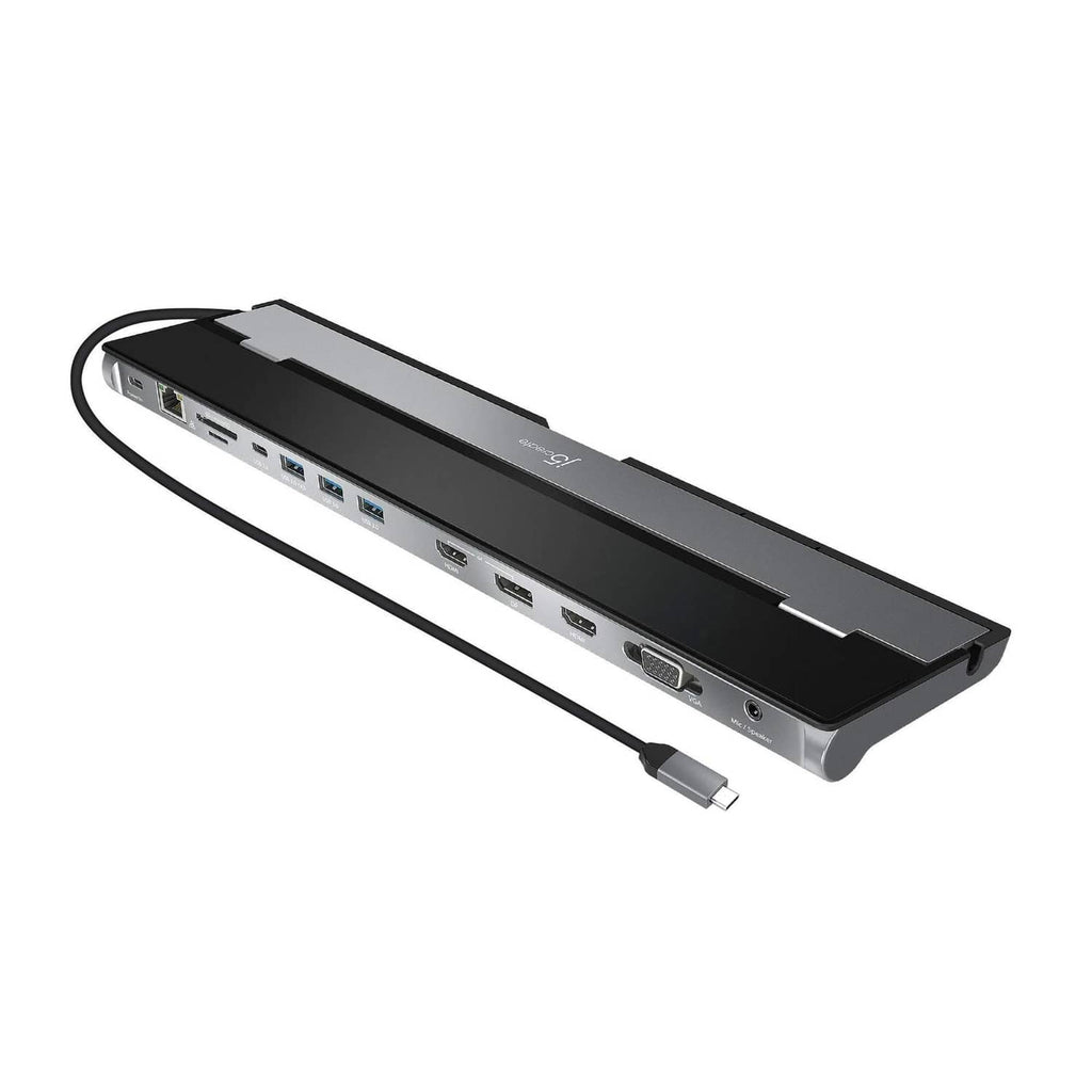 Black USB-C docking station with multiple side ports and connected cable