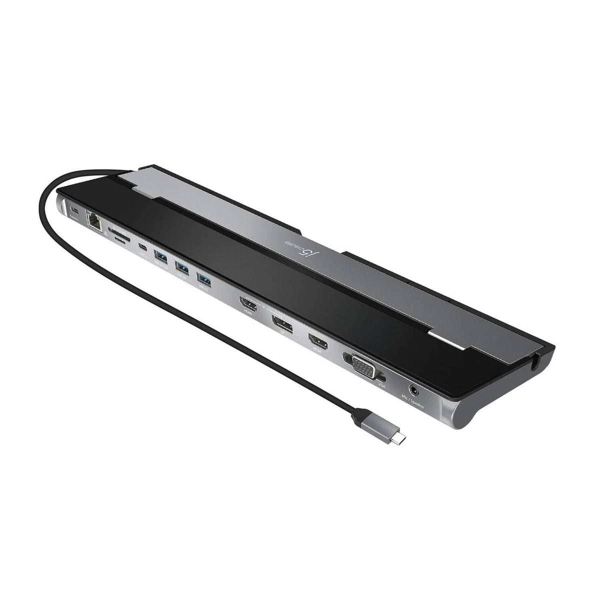 Black USB-C docking station with multiple side ports and connected cable