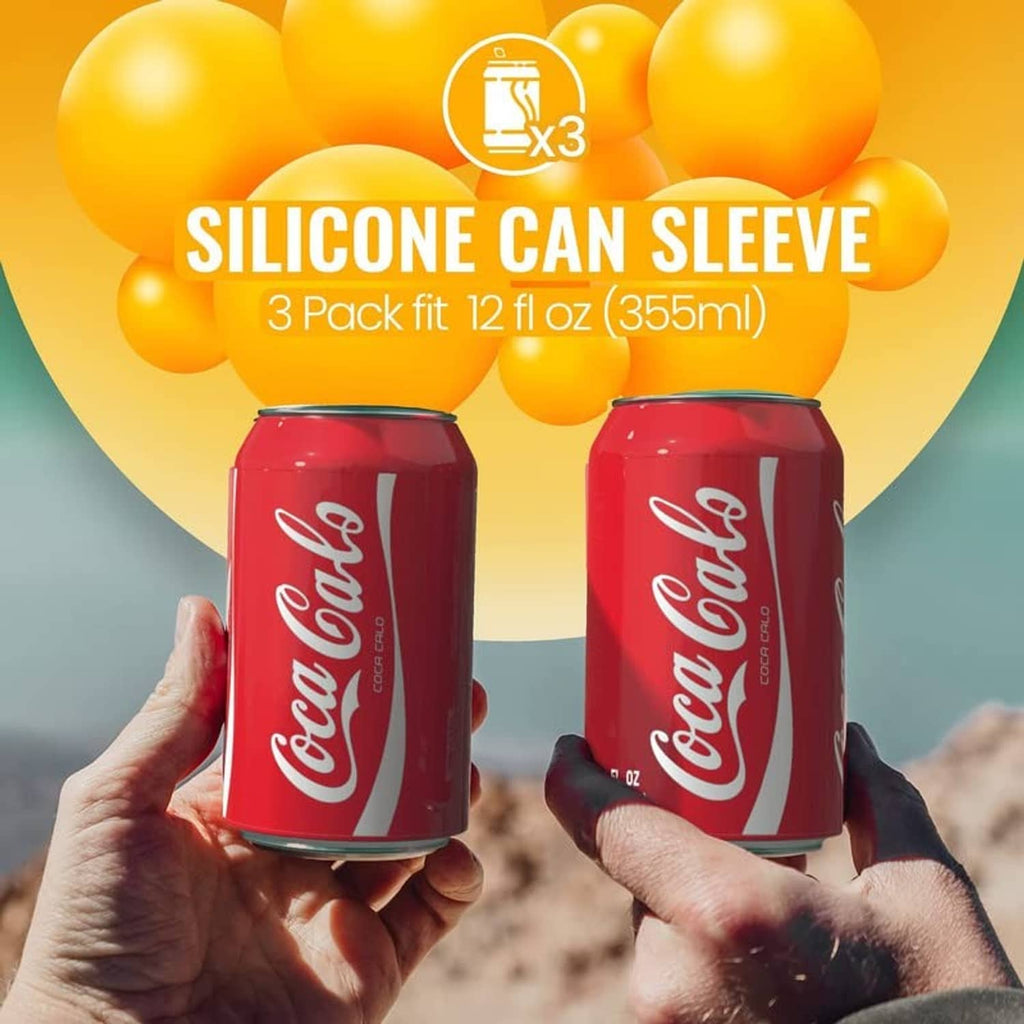 Two red silicone can sleeves held in hands, white logo, 12 oz fit