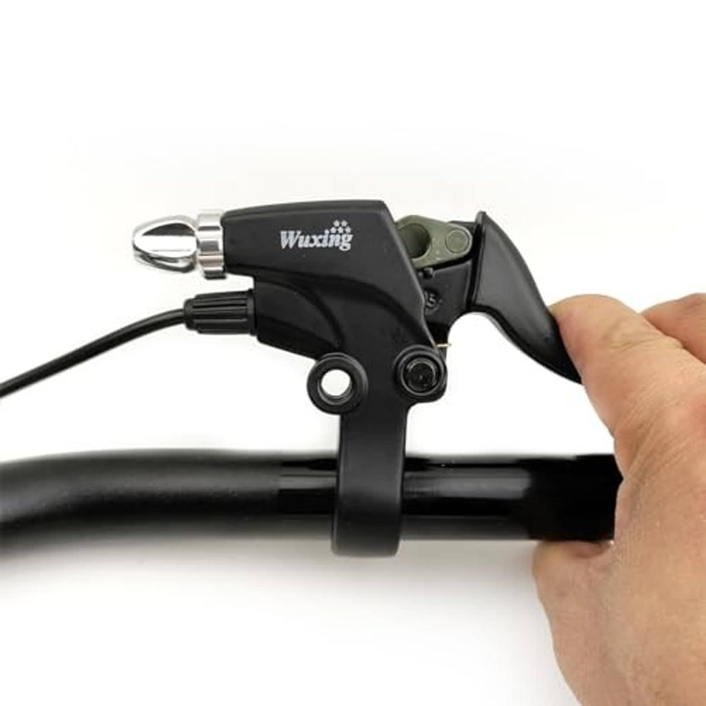 Black brake lever grip on handlebar, shown with rider hand adjusting the lever