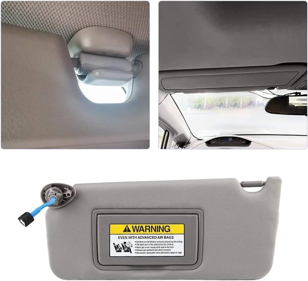 Gray sun visors with warning labels; LED mirror light shown in inset views