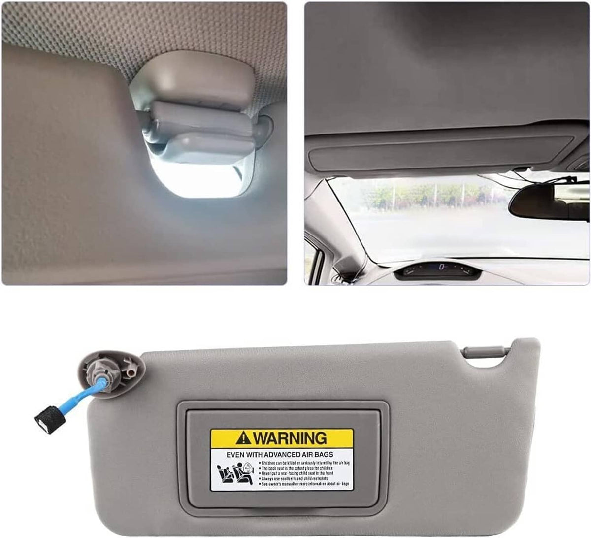 Gray sun visors with warning labels; LED mirror light shown in inset views