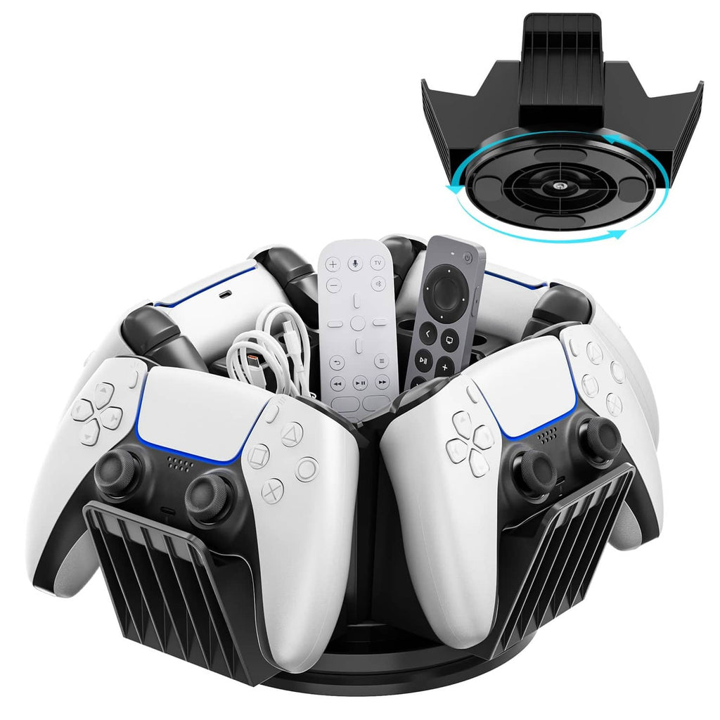 Black desktop controller organizer holding two white game controllers and small accessories