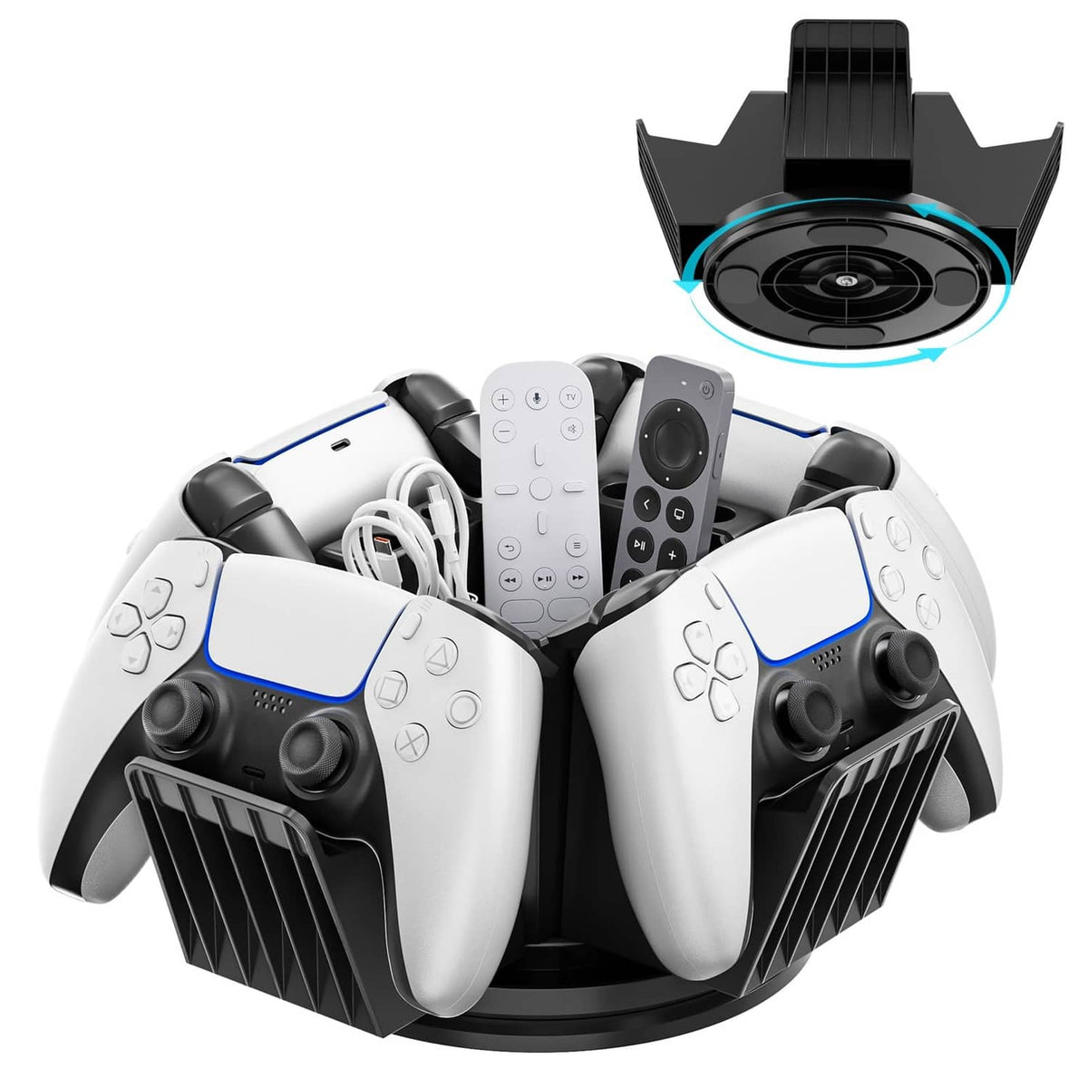 Black desktop controller organizer holding two white game controllers and small accessories