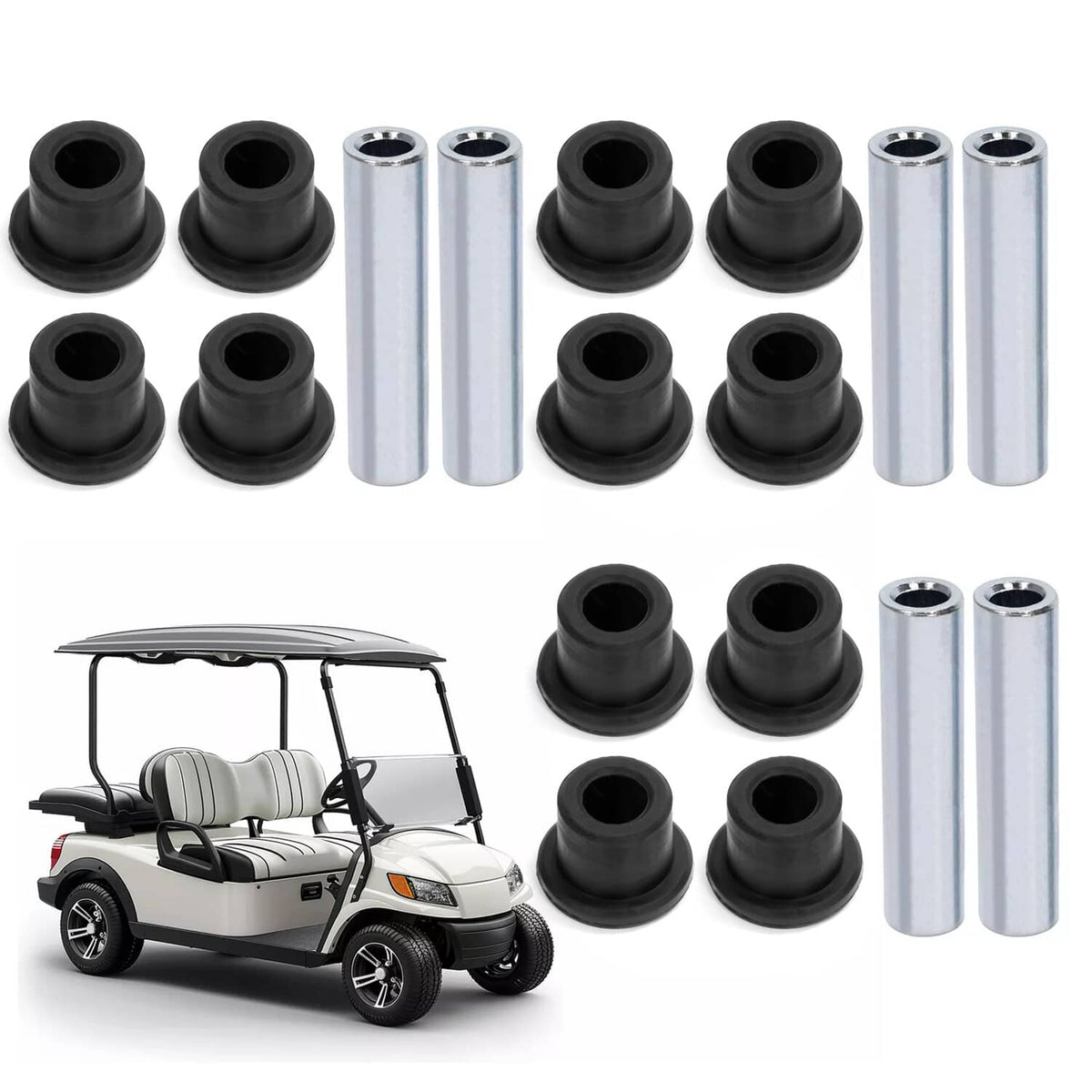Leaf spring bushing set for golf cart: black rubber bushings with silver metal sleeves and pins