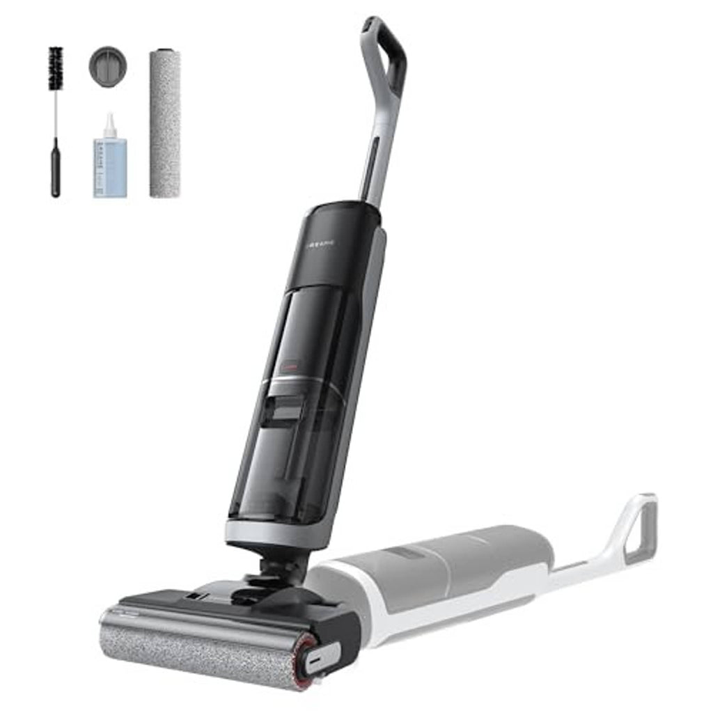 Cordless vacuum mop with dark canister and gray mop pad, upright angle and handle.