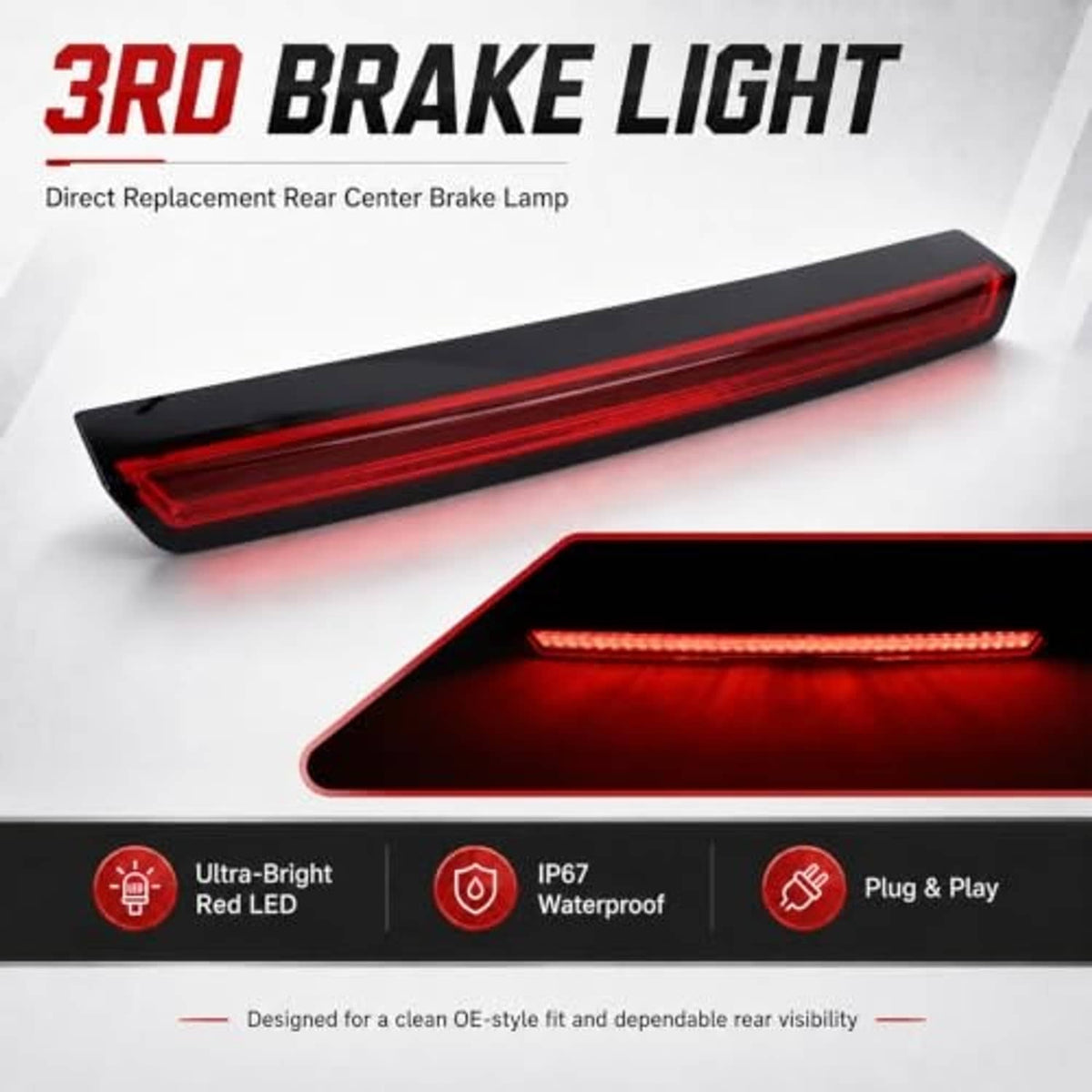 3rd brake light with long red LED strip, direct replacement design