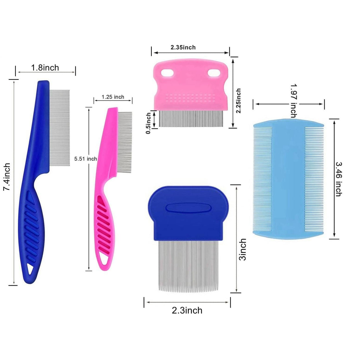 Blue and pink flea combs with stainless-steel teeth, including wide curved comb