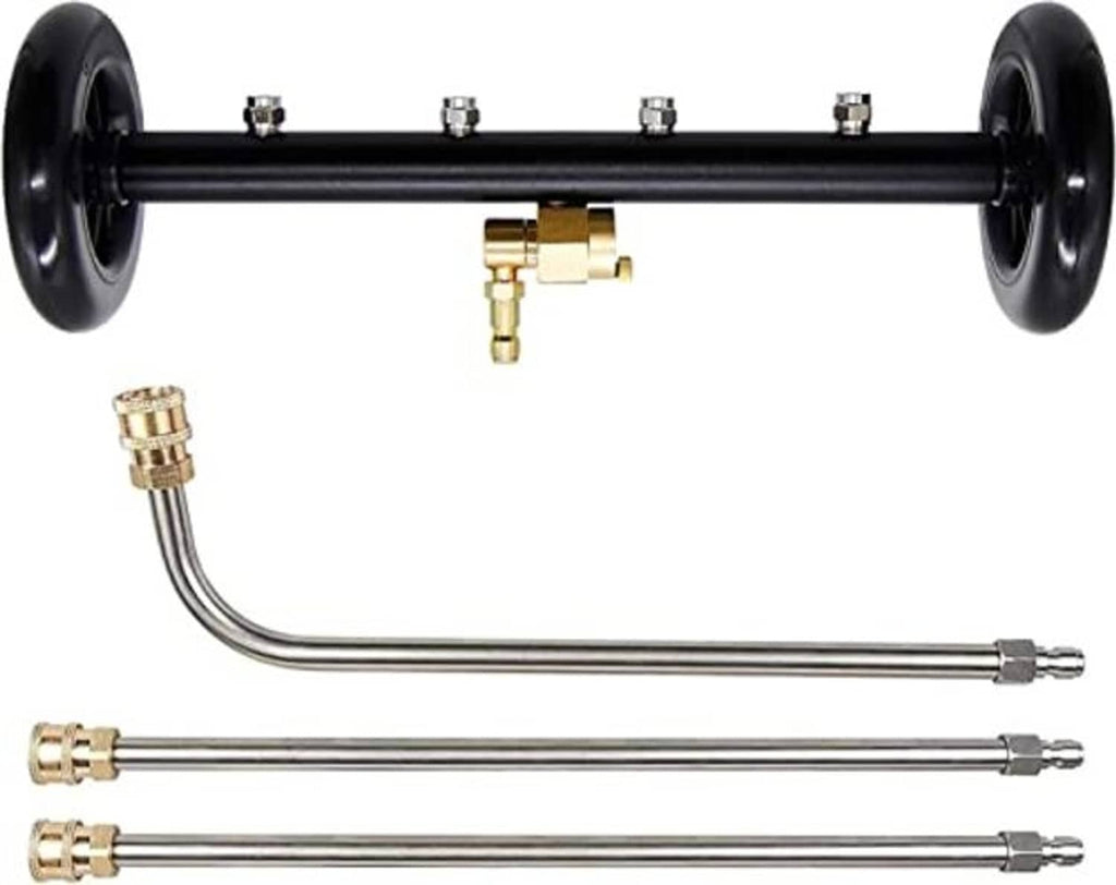 Wheel-mounted water broom attachment with black frame, brass valve, and nozzle tips
