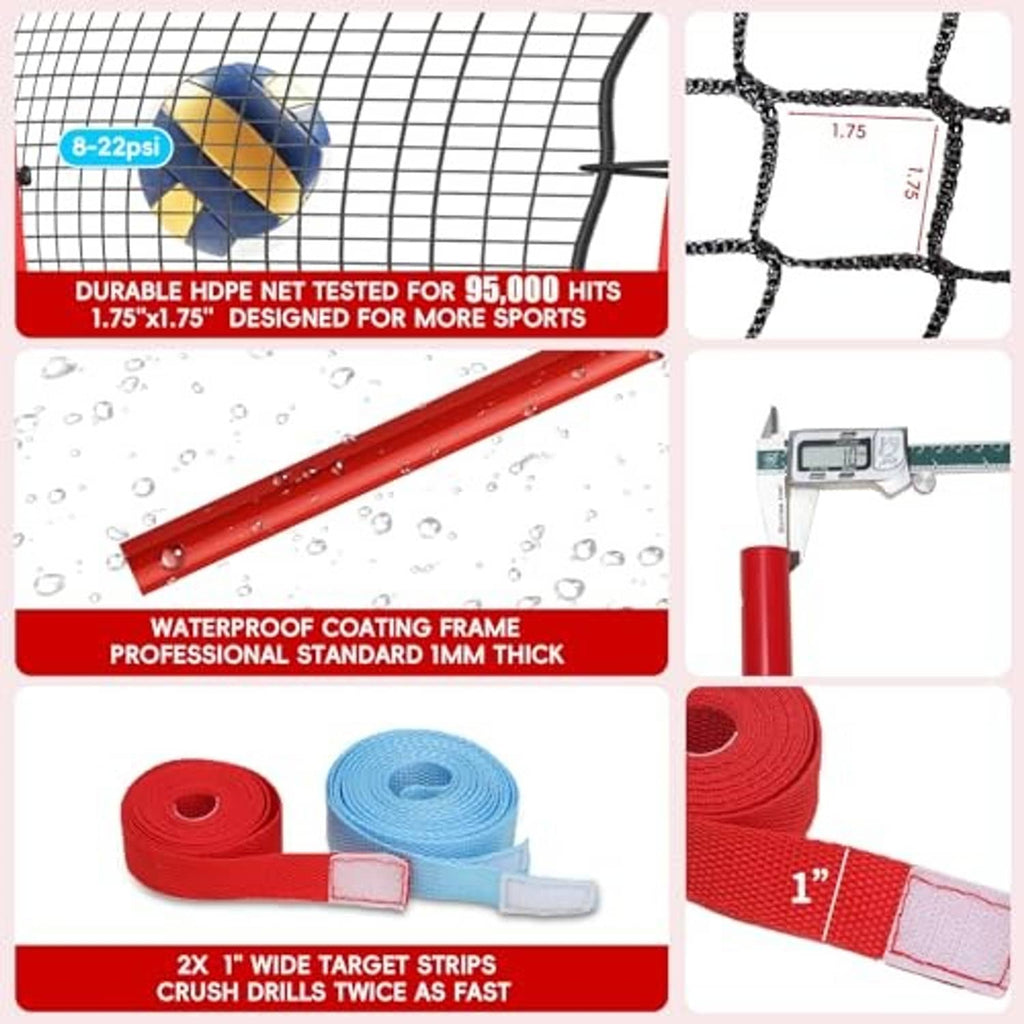 Red-framed rebounder net with black mesh, shown with close-up target and knots