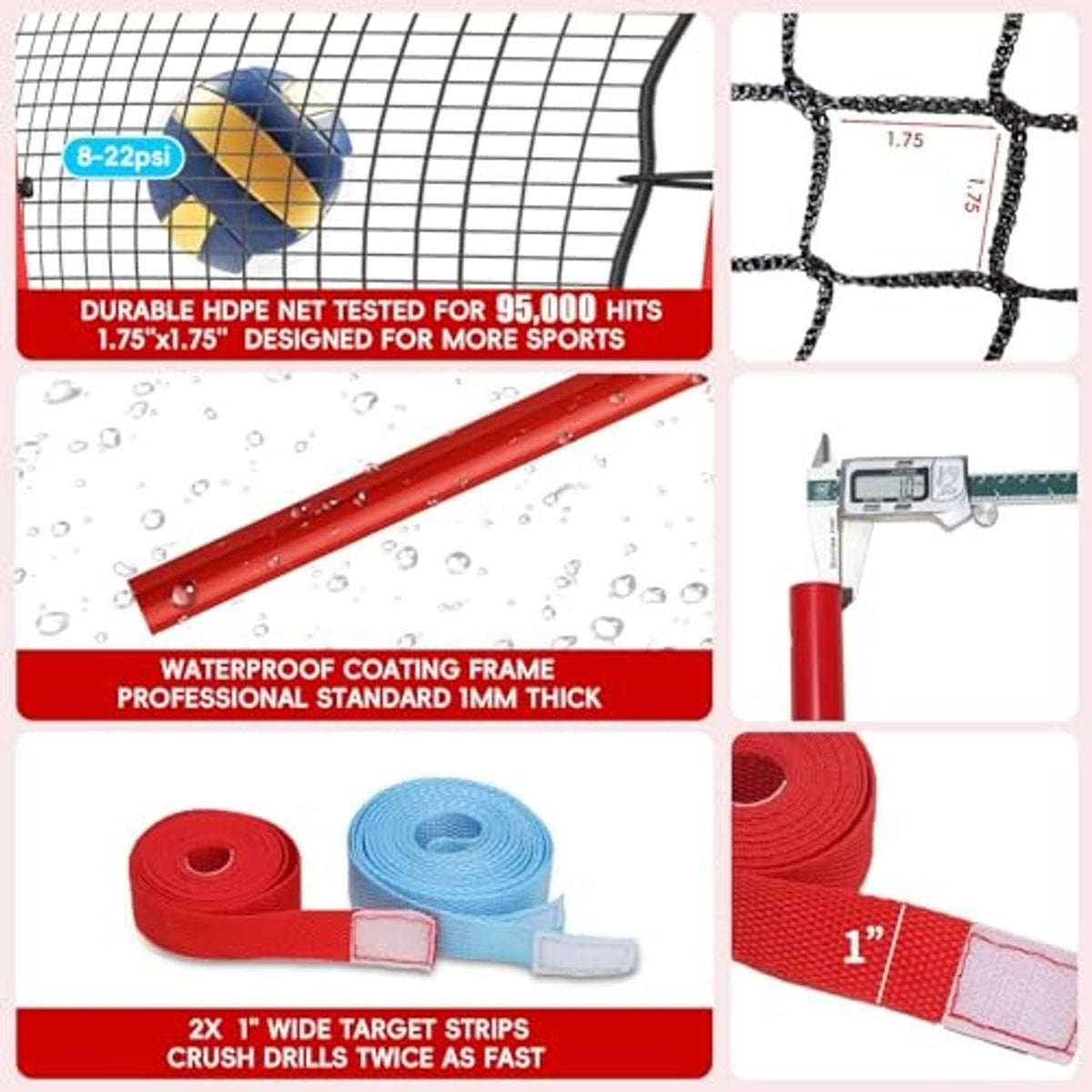 Red-framed rebounder net with black mesh, shown with close-up target and knots
