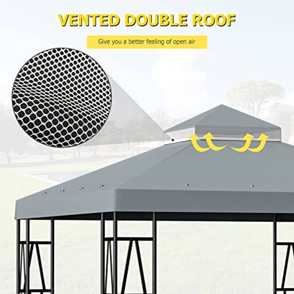 Gray double-tier gazebo canopy with vented upper roof panel