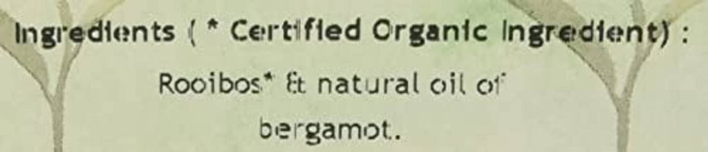 Close-up of organic rooibos ingredients panel, with notes of bergamot oil