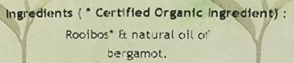 Close-up of organic rooibos ingredients panel, with notes of bergamot oil