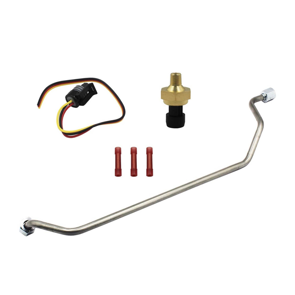 Exhaust back pressure sensor replacement tube with wiring connector, brass sensor, red seals