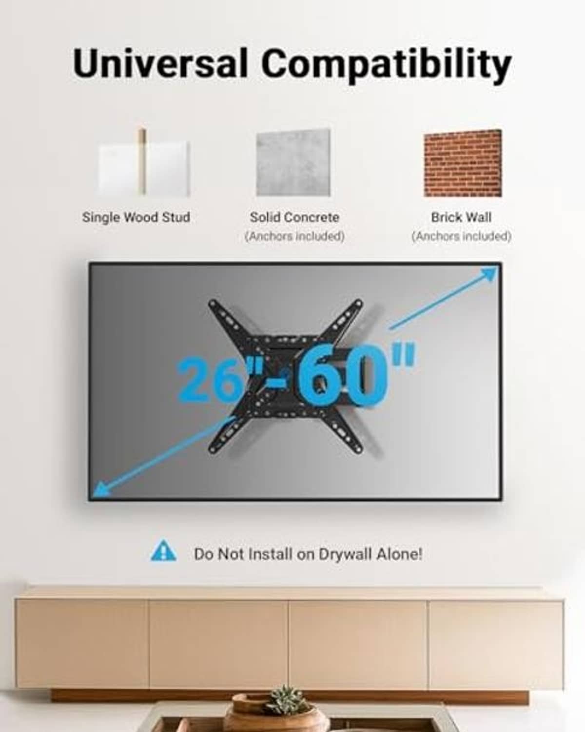 Universal TV wall mount compatibility graphic with 26–60 inch TV size range