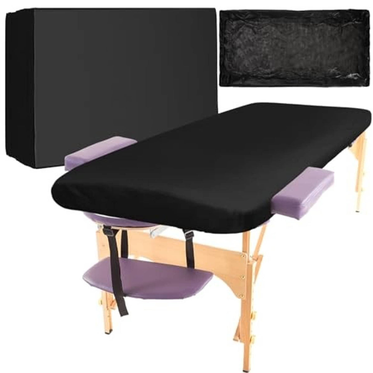 Black disposable massage table sheet set with attached fitted corners and side cover