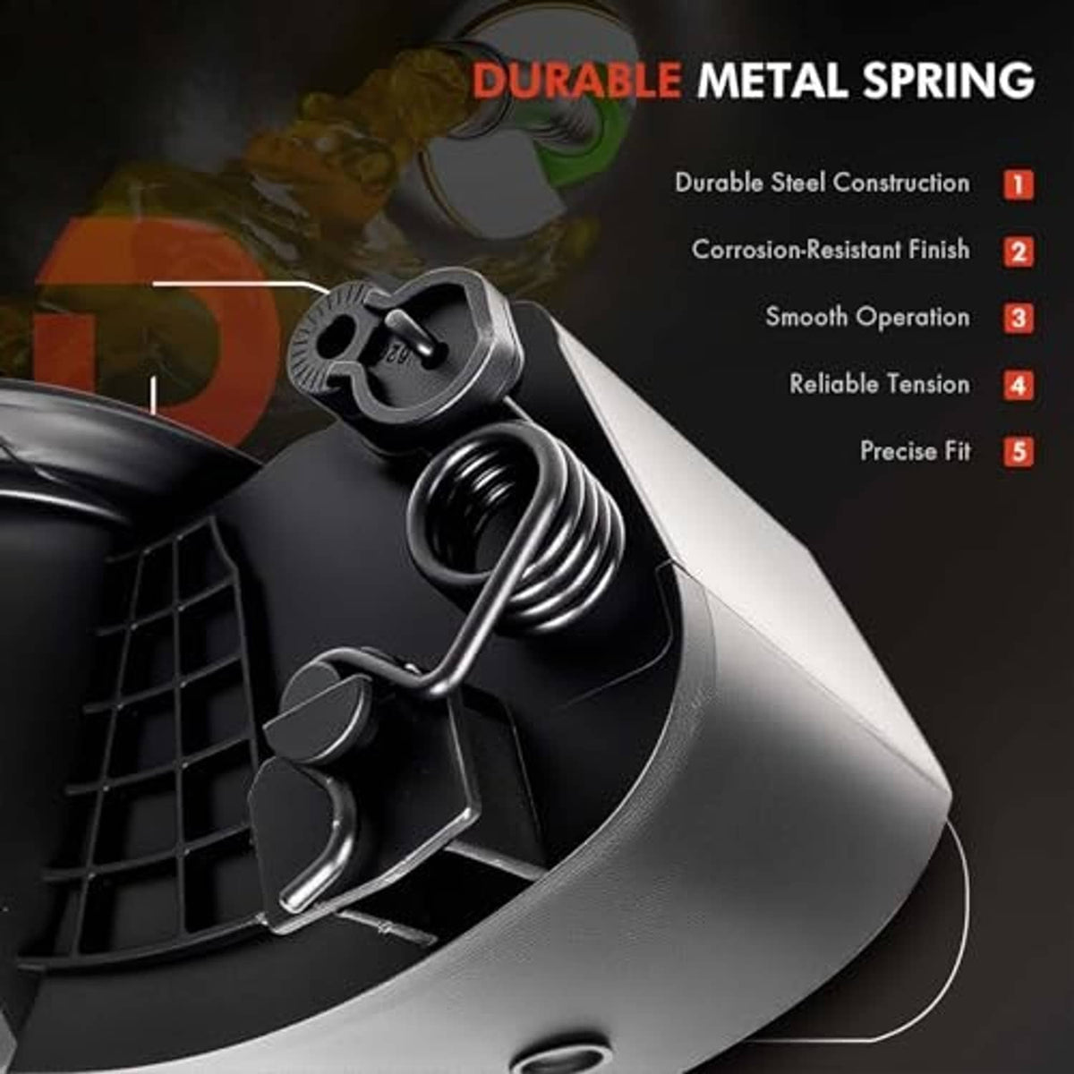 Durable metal spring and latch inside black fuel tank filler door housing