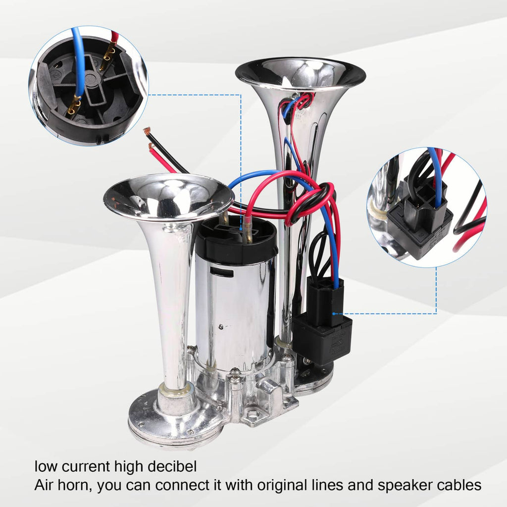 Chrome dual trumpet electric horn with black mounting block and visible wiring