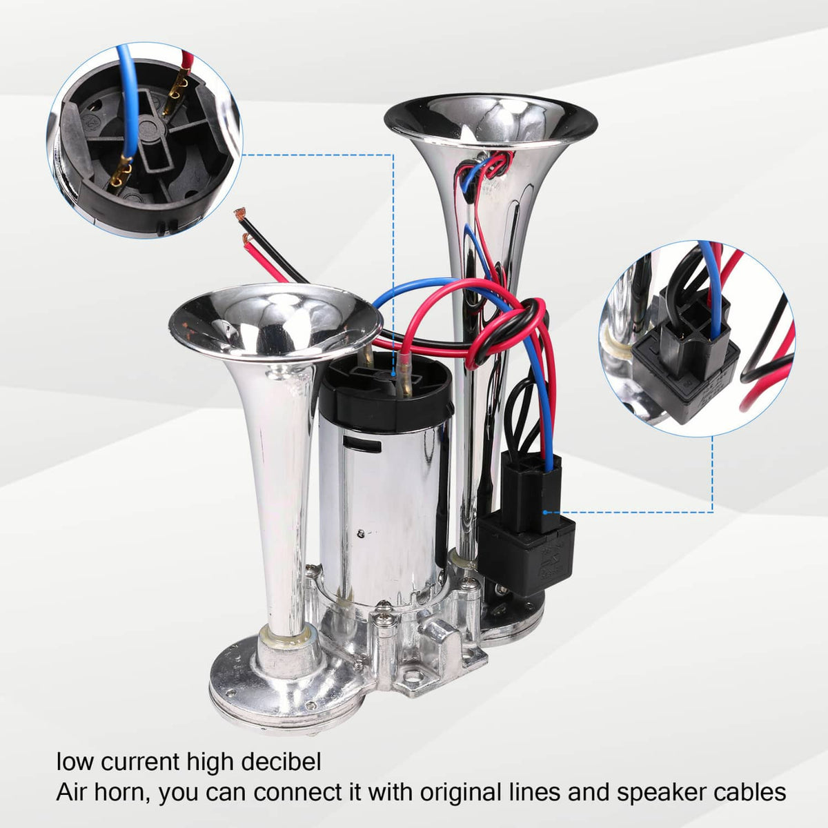 Chrome dual trumpet electric horn with black mounting block and visible wiring