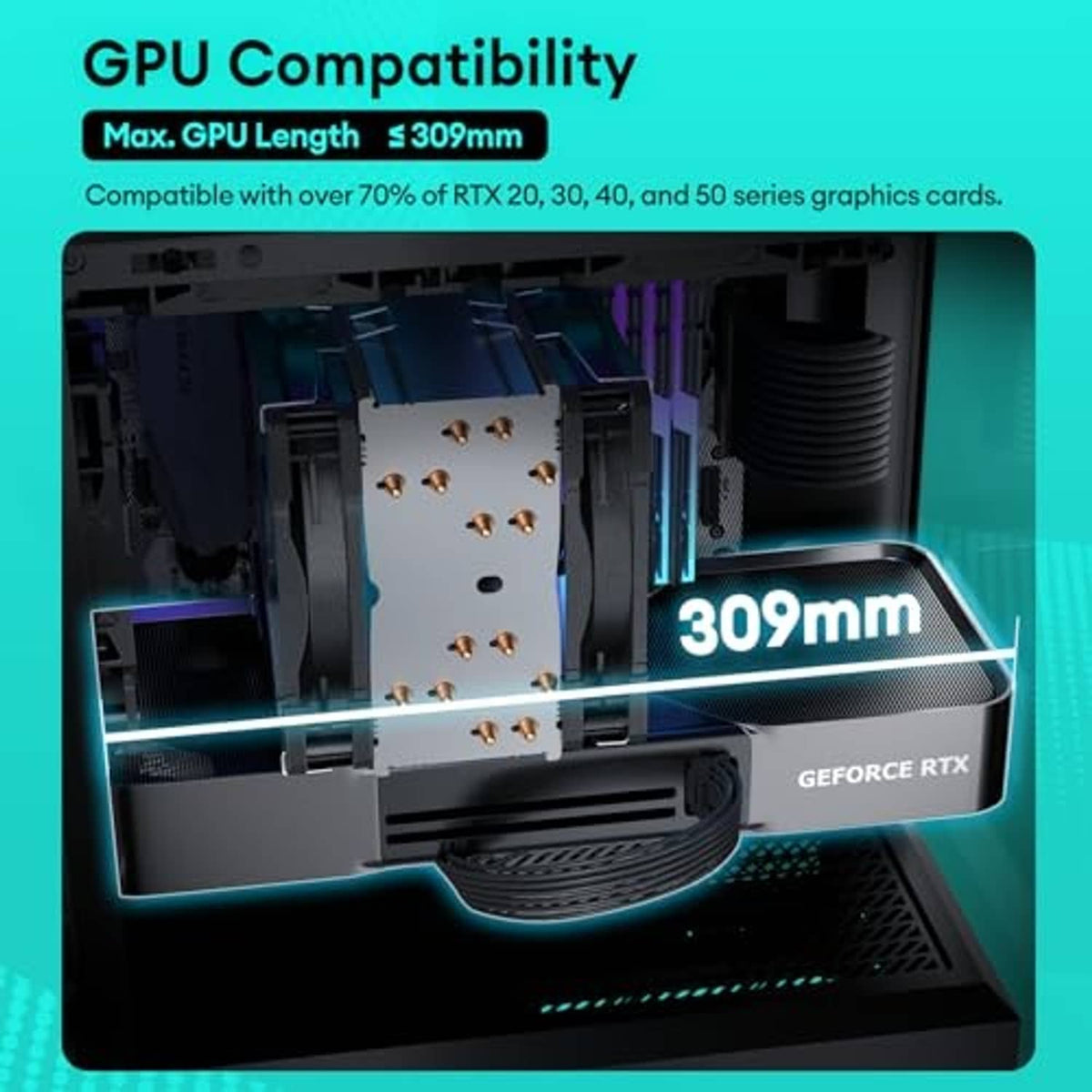 Micro ATX PC case interior with long graphics card clearance and front expansion area