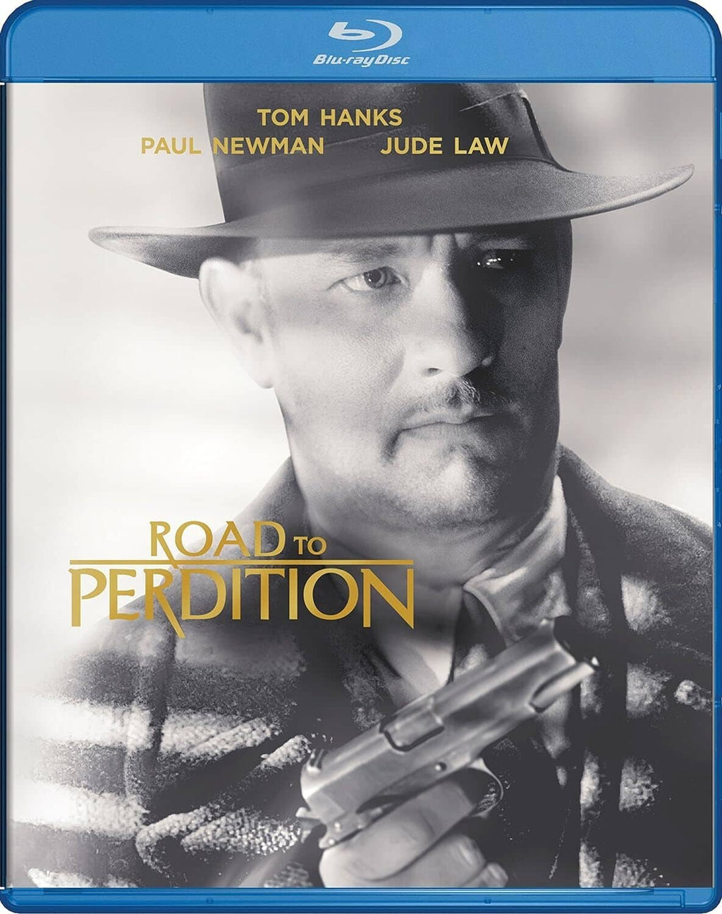 Road To Perdition Blu-ray case: fedora man holding pistol, blue-edged cover art