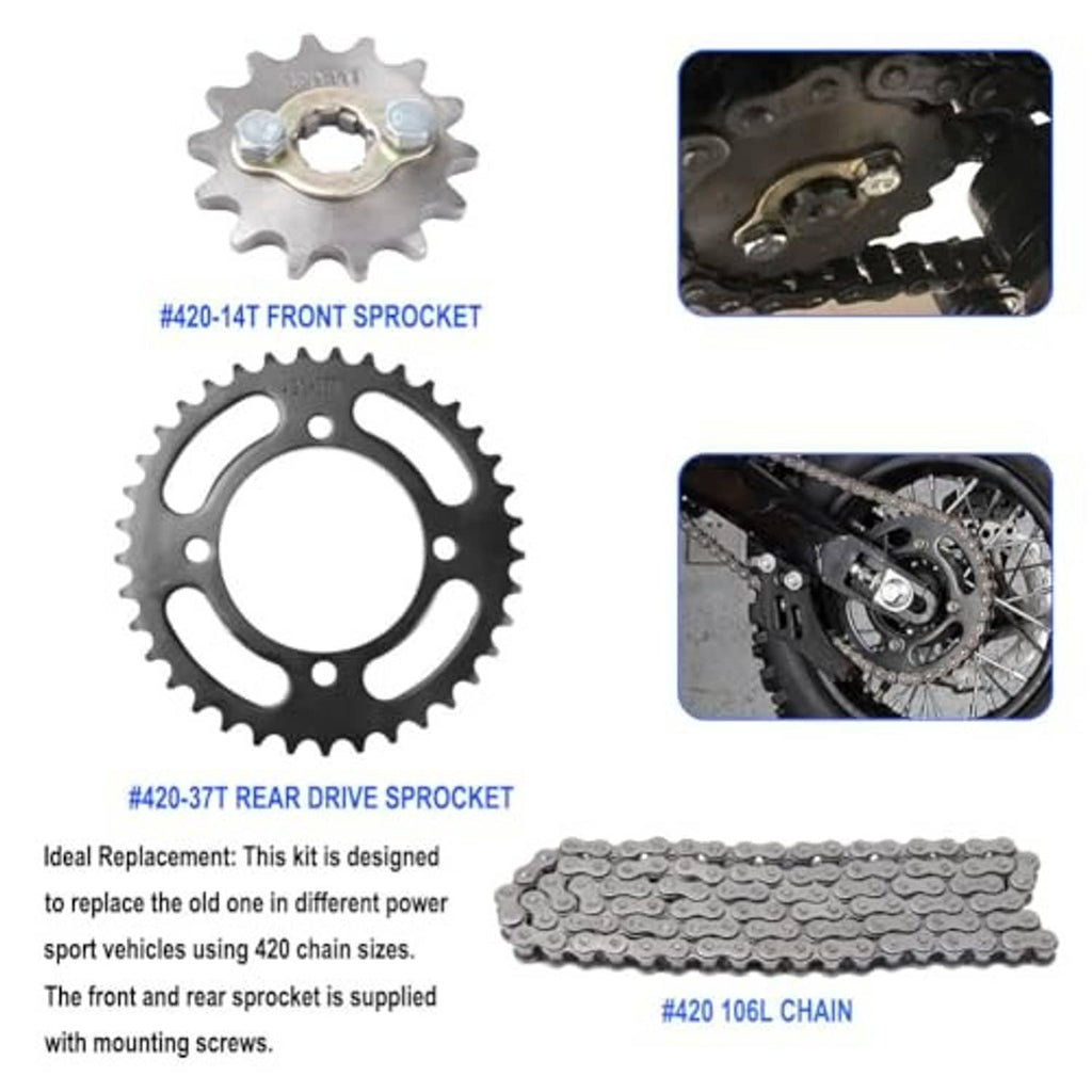 Metal front sprocket and rear drive sprocket with roller chain, shown with close-up details