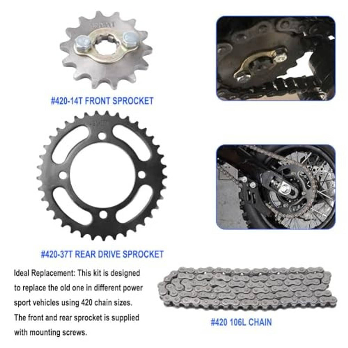 Metal front sprocket and rear drive sprocket with roller chain, shown with close-up details
