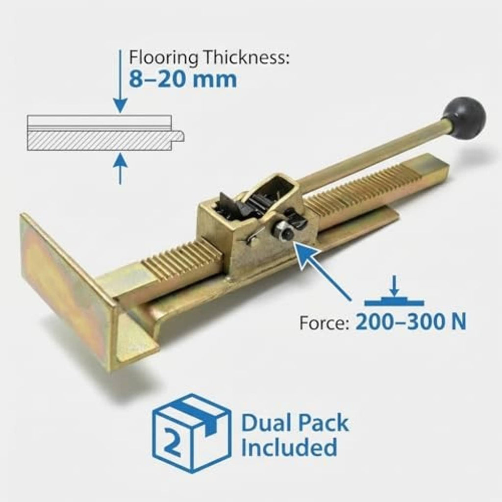 Flooring alignment jack for 8–20 mm flooring thickness, with force guidance