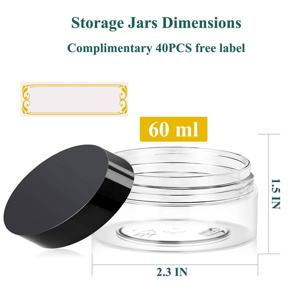 Clear 60 ml plastic jar with black lid and included label strip