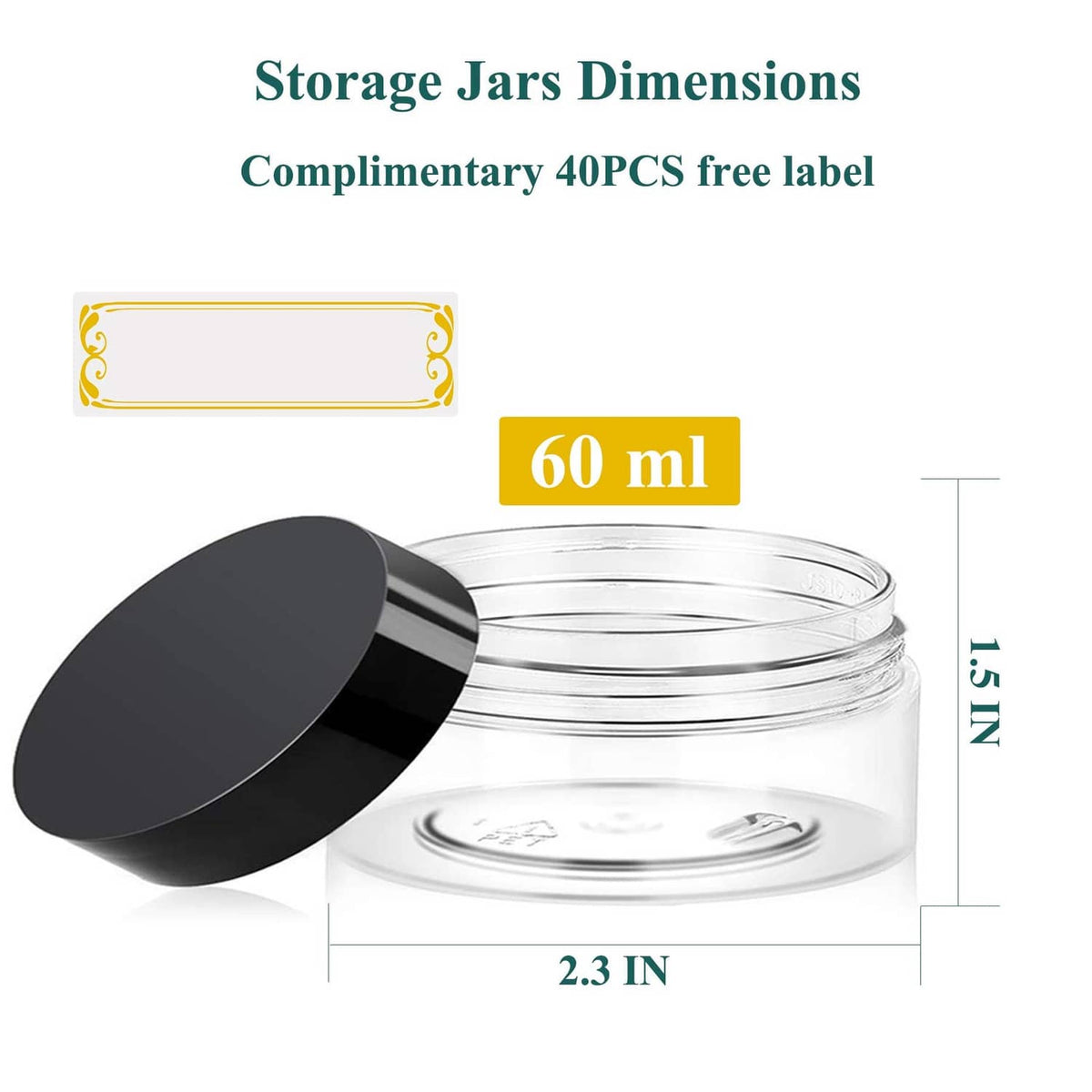 Clear 60 ml plastic jar with black lid and included label strip