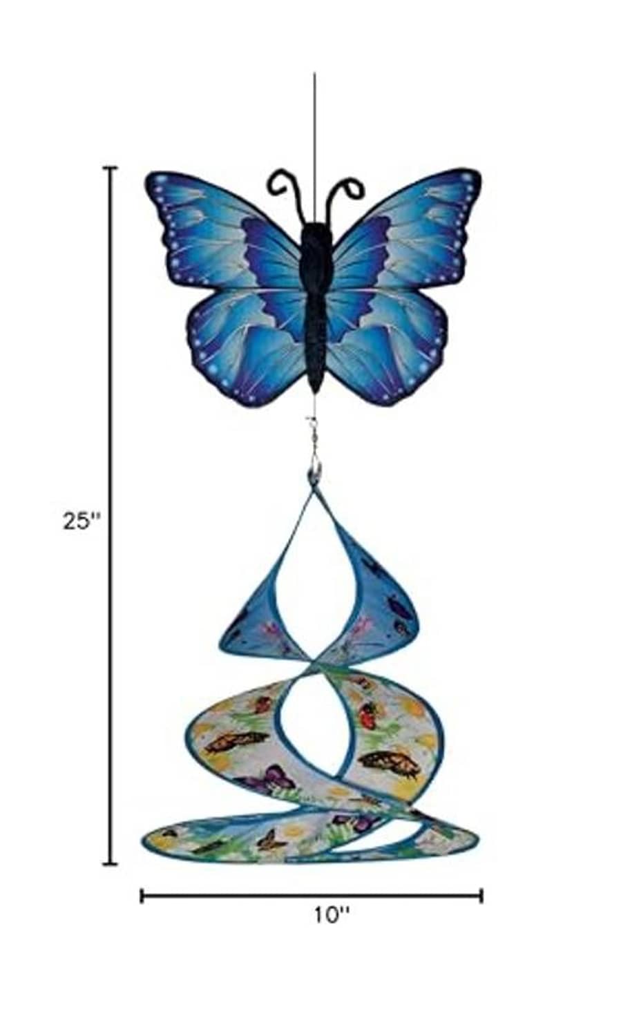 Butterfly hanging decoration, 25 in tall, with blue wings and spiral dangling discs