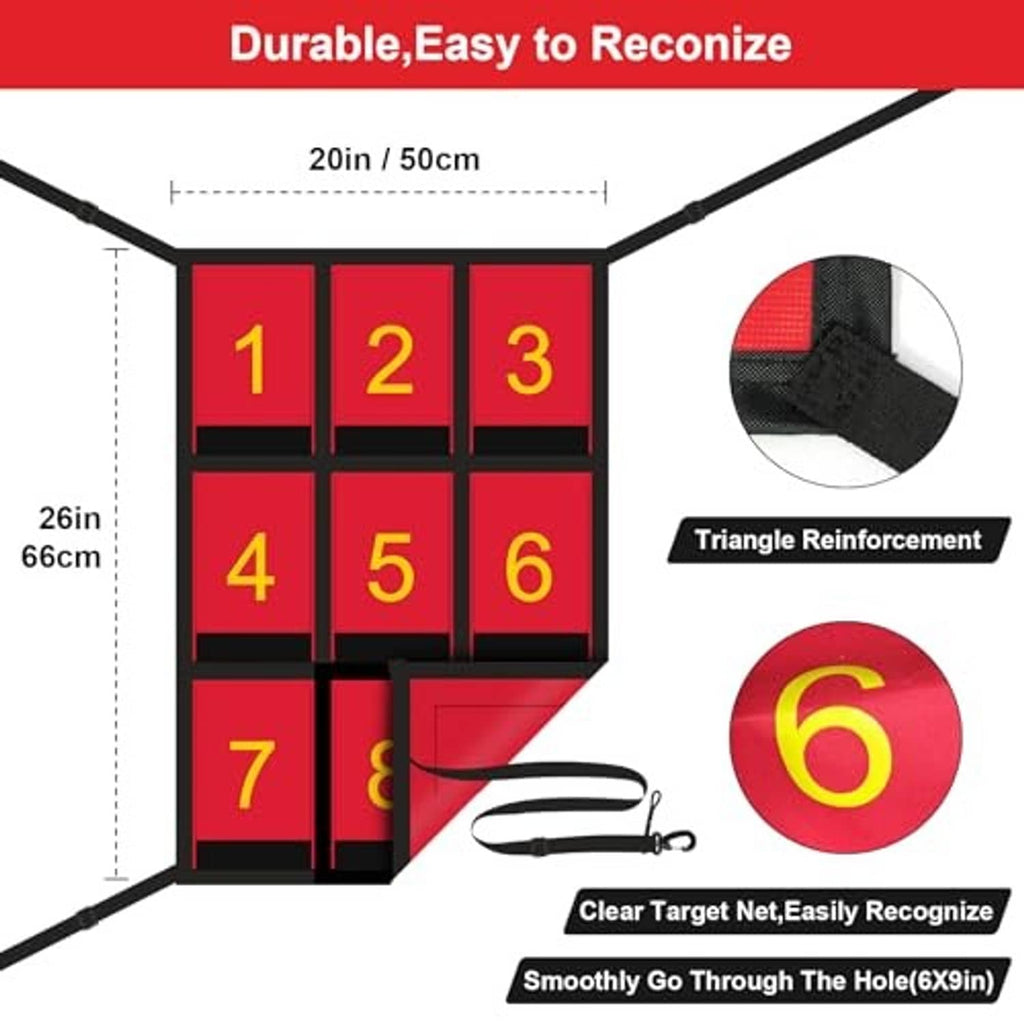 Numbered strike zone target net with reinforced corners and 1–9 red grid