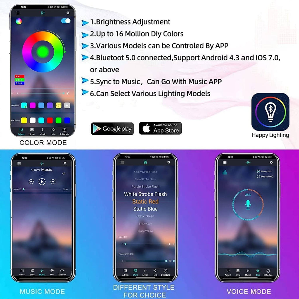 Smartphone app screen controlling RGB motorcycle LED light color and models.