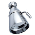 Chrome shower head with brass swivel joint and adjustable hand lever, angled view
