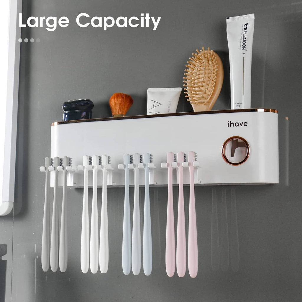 Wall-mounted toothbrush holder with four cups for toothbrush heads and handles