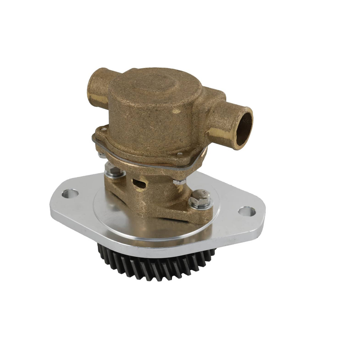 Raw water pump with bronze body, round silver mounting plate, and gear teeth