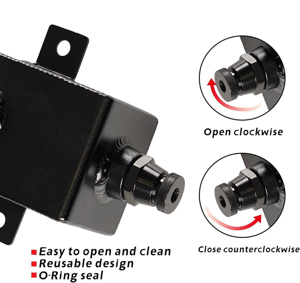 Oil catch can drain plug and threaded opening with easy-open cap shown