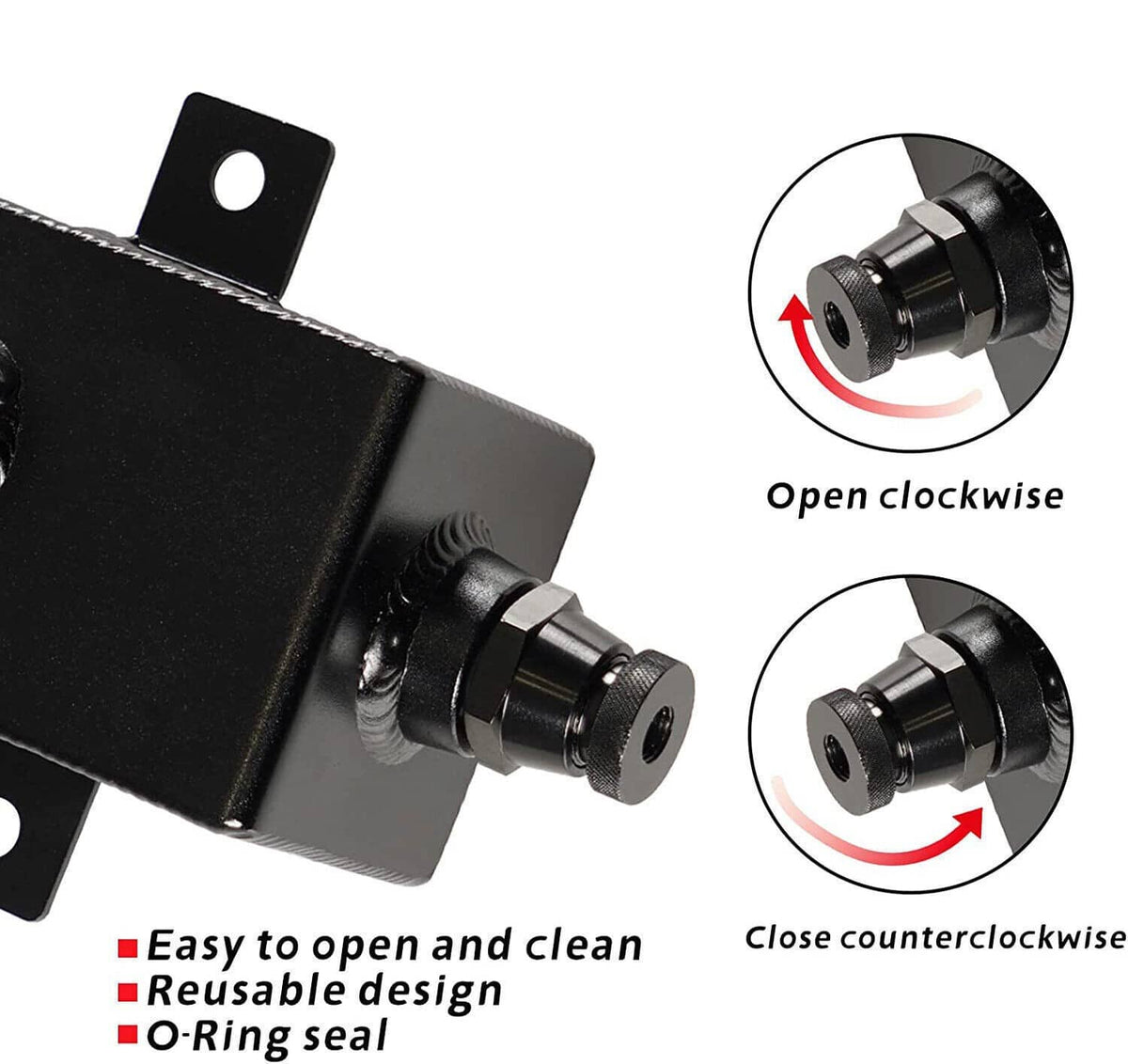 Oil catch can drain plug and threaded opening with easy-open cap shown