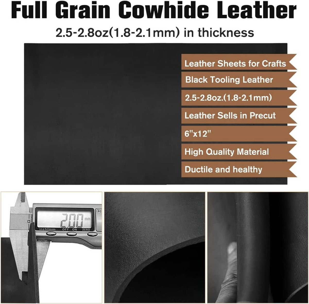 Black full-grain cowhide leather sheet with textured finish and smooth edge