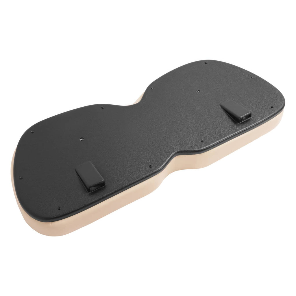 Black seat back cushion underside with screw holes and mounting tab