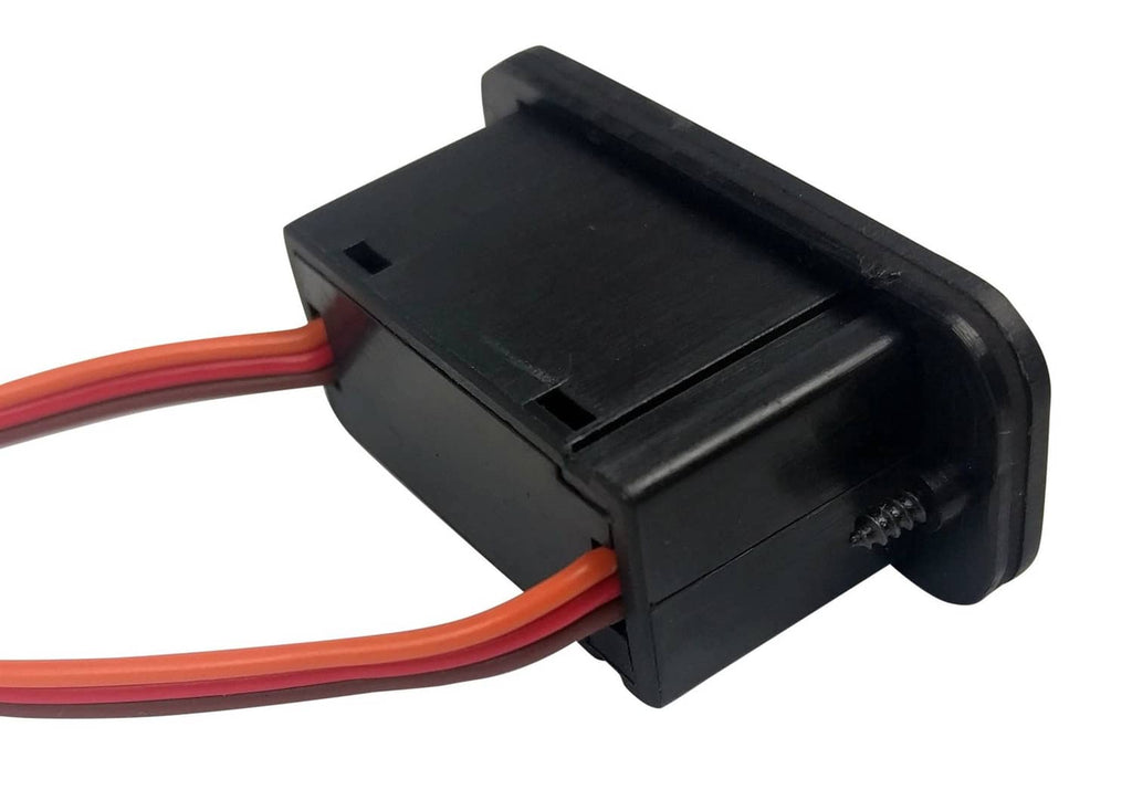 RC on/off switch module with red/orange and black wires, side profile view