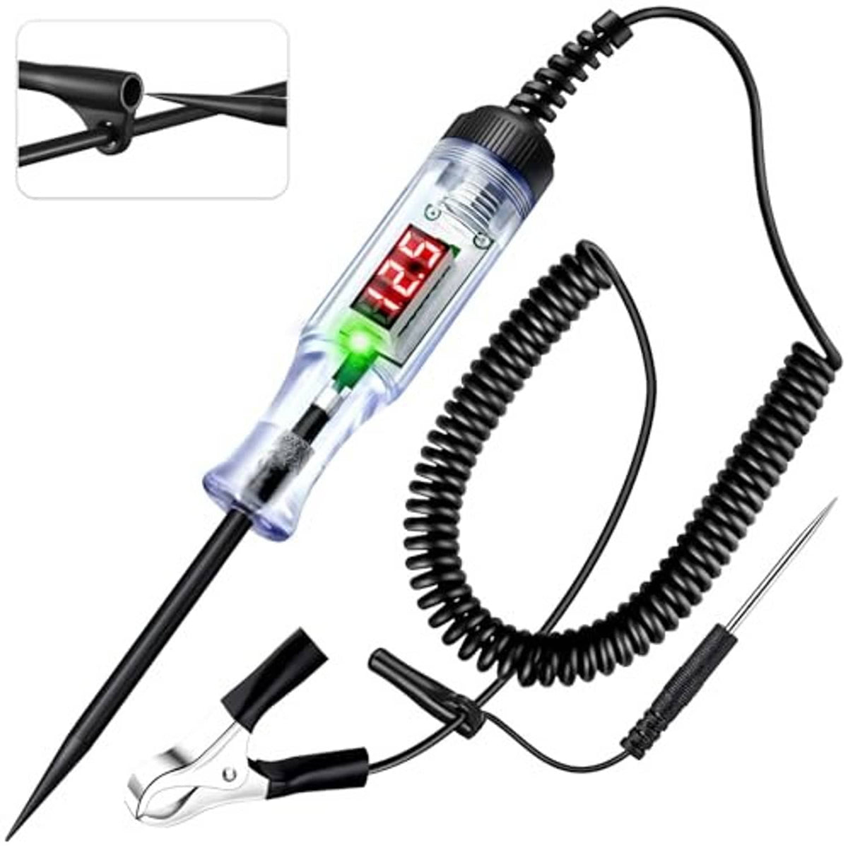 LED digital voltage tester with clear case, red LED reading, coiled cord and needle probe