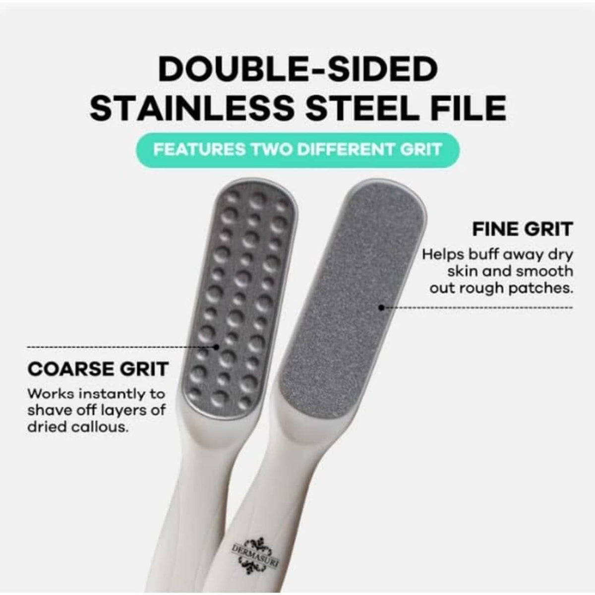 Dual-sided stainless steel foot file with fine and coarse grit pads