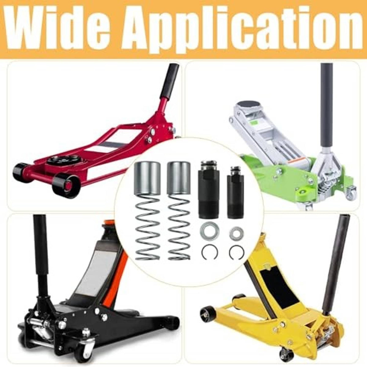Floor jack replacement parts kit with metal plungers, springs, and seals arranged on jacks